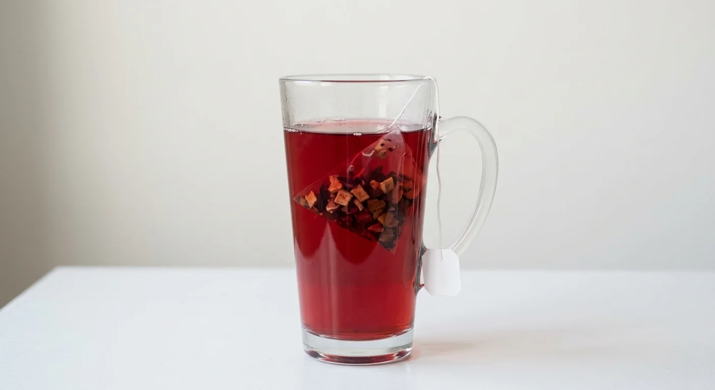 Costa Spiced Apple with Vitamin B6 (Medium), ruby-red spiced apple fruit infusion with a pyramid tea bag in a tall glass mug, nutrition and calories