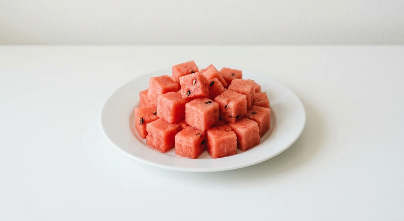 Costa Watermelon, cubes of fresh watermelon on a white plate, nutrition and calories