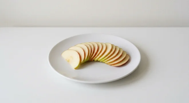 Costa Apple Slices, fresh apple slices fanned out on a white plate, nutrition and calories