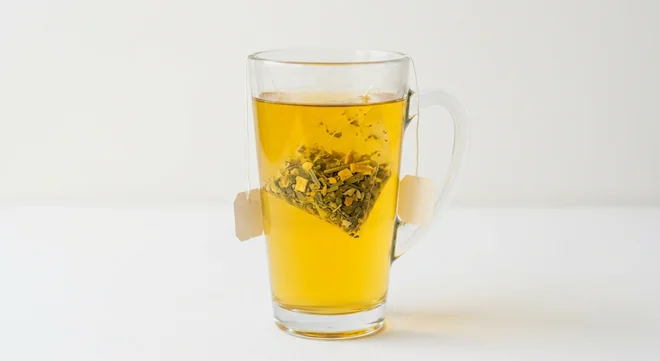 Costa Citrus Zing with Vitamin C (Medium), golden citrus herbal infusion with a pyramid tea bag in a tall glass mug, nutrition and calories