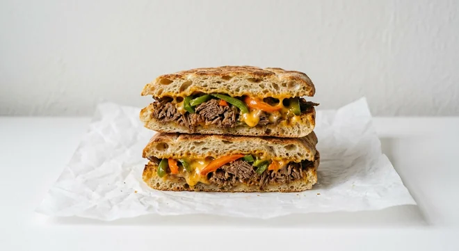 Costa Philly Cheesesteak Toastie, flatbread toastie filled with shredded beef, peppers and melted cheese, cut in half, nutrition and calories