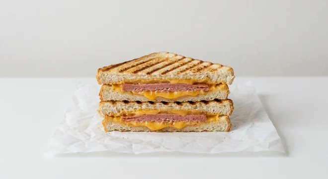 Costa Vegan Ham & Cheeze Toastie, grilled white bread toastie filled with plant-based ham and melted vegan cheese, cut in half, nutrition and calories