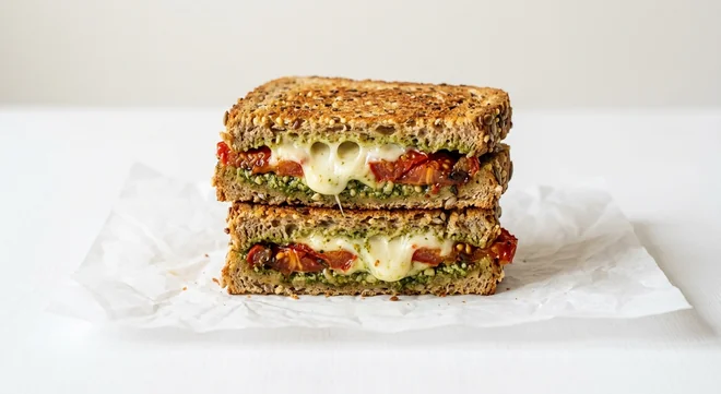Costa GF Mozzarella & Pesto Toastie, seeded gluten-free toastie filled with pesto, mozzarella and tomato, cut in half, nutrition and calories