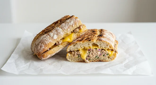 Costa Tuna Melt Panini, rustic panini filled with tuna mayonnaise and melted cheese, cut in half, nutrition and calories