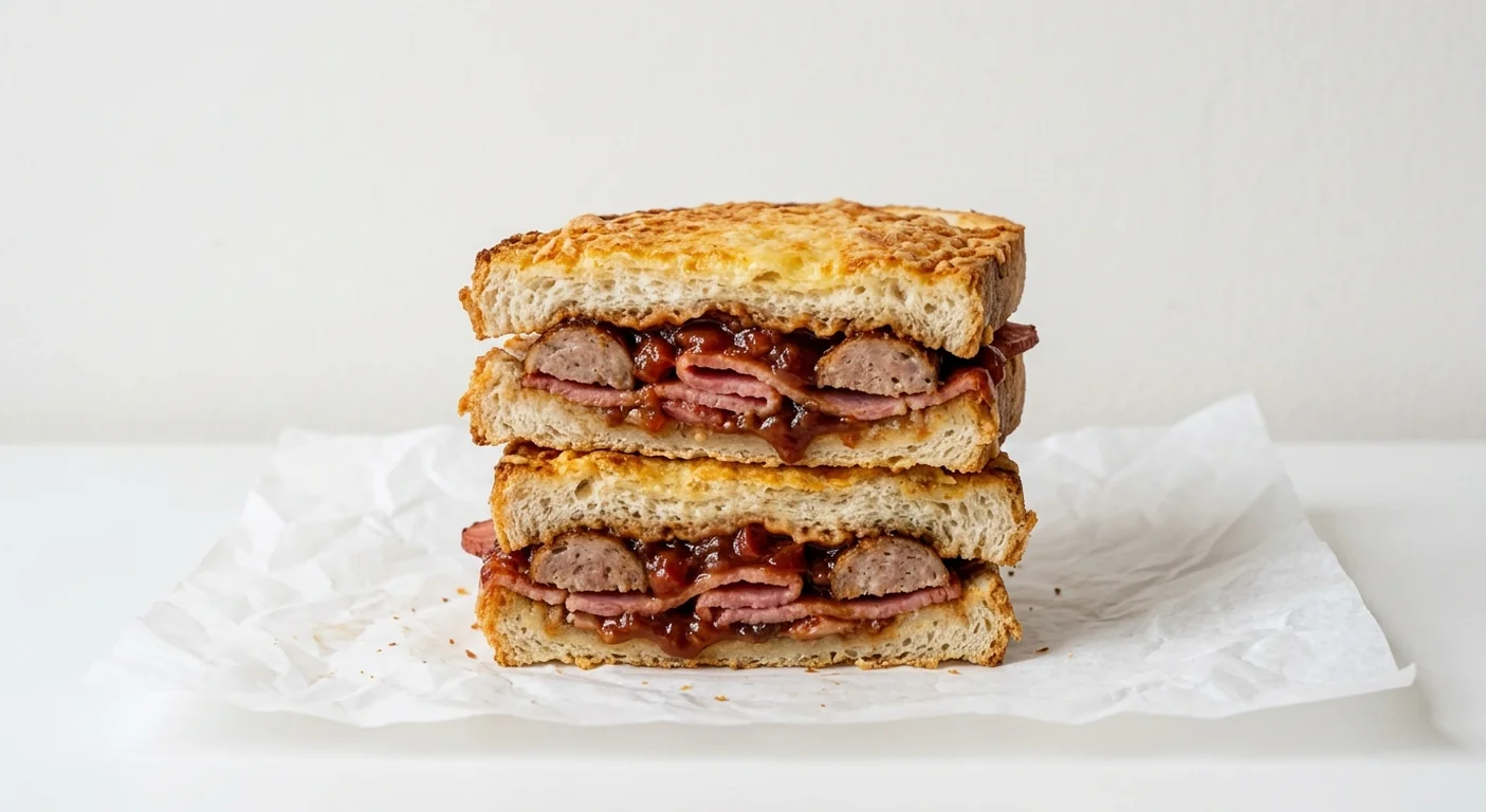 Costa Coffee All Day Breakfast Toastie, cheese-topped toastie filled with bacon, sausage and breakfast chutney, cut in half, nutrition and calories