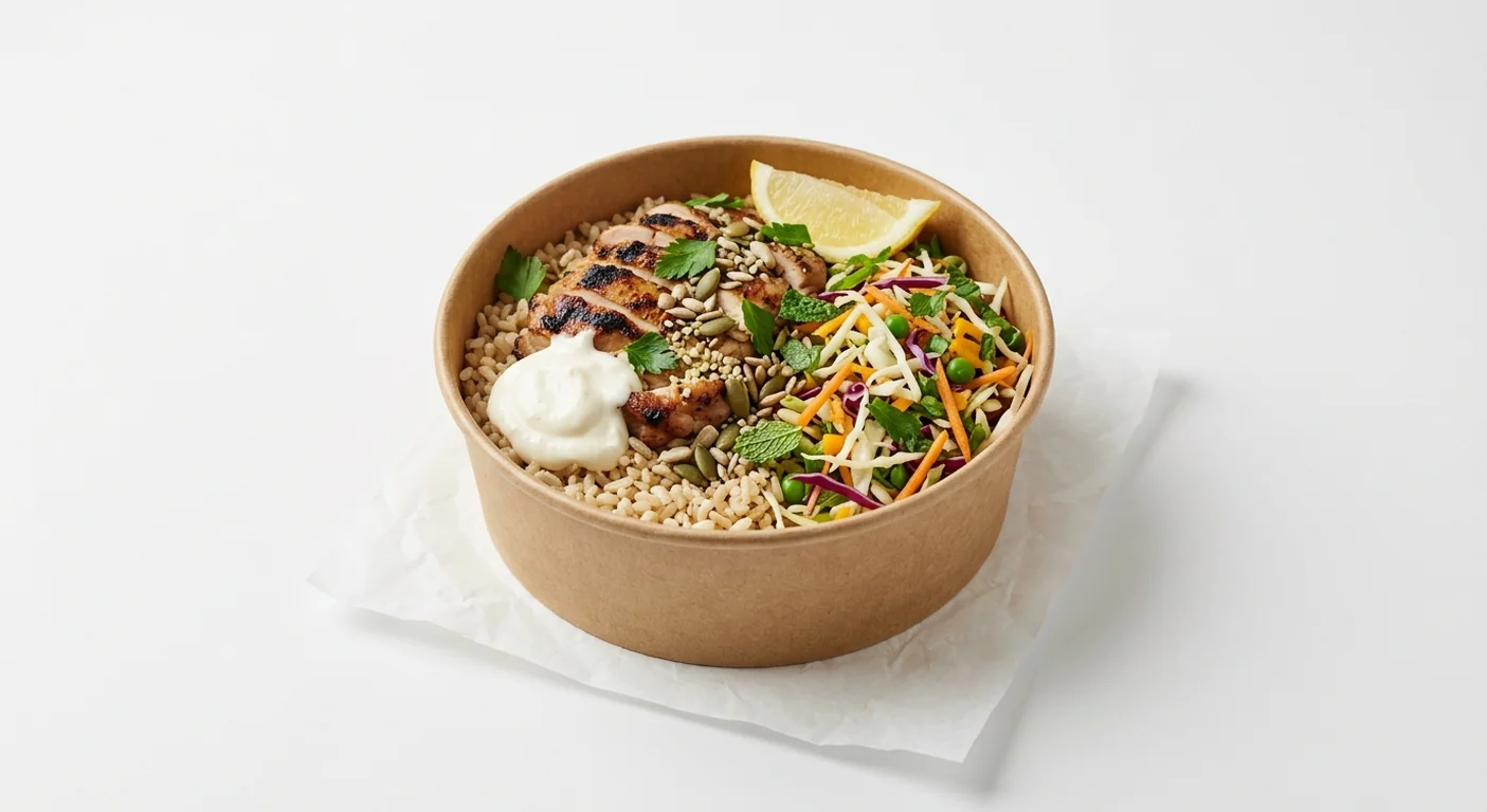 LEON Aioli Chicken Large Box, chargrilled chicken, brown rice, slaw and aioli in a kraft bowl on white paper, nutrition and calories