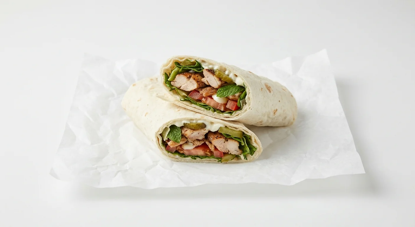 LEON Chicken Aioli Wrap, chargrilled chicken, aioli, tomato, gherkins and mint wrap cut in half on white paper, nutrition and calories