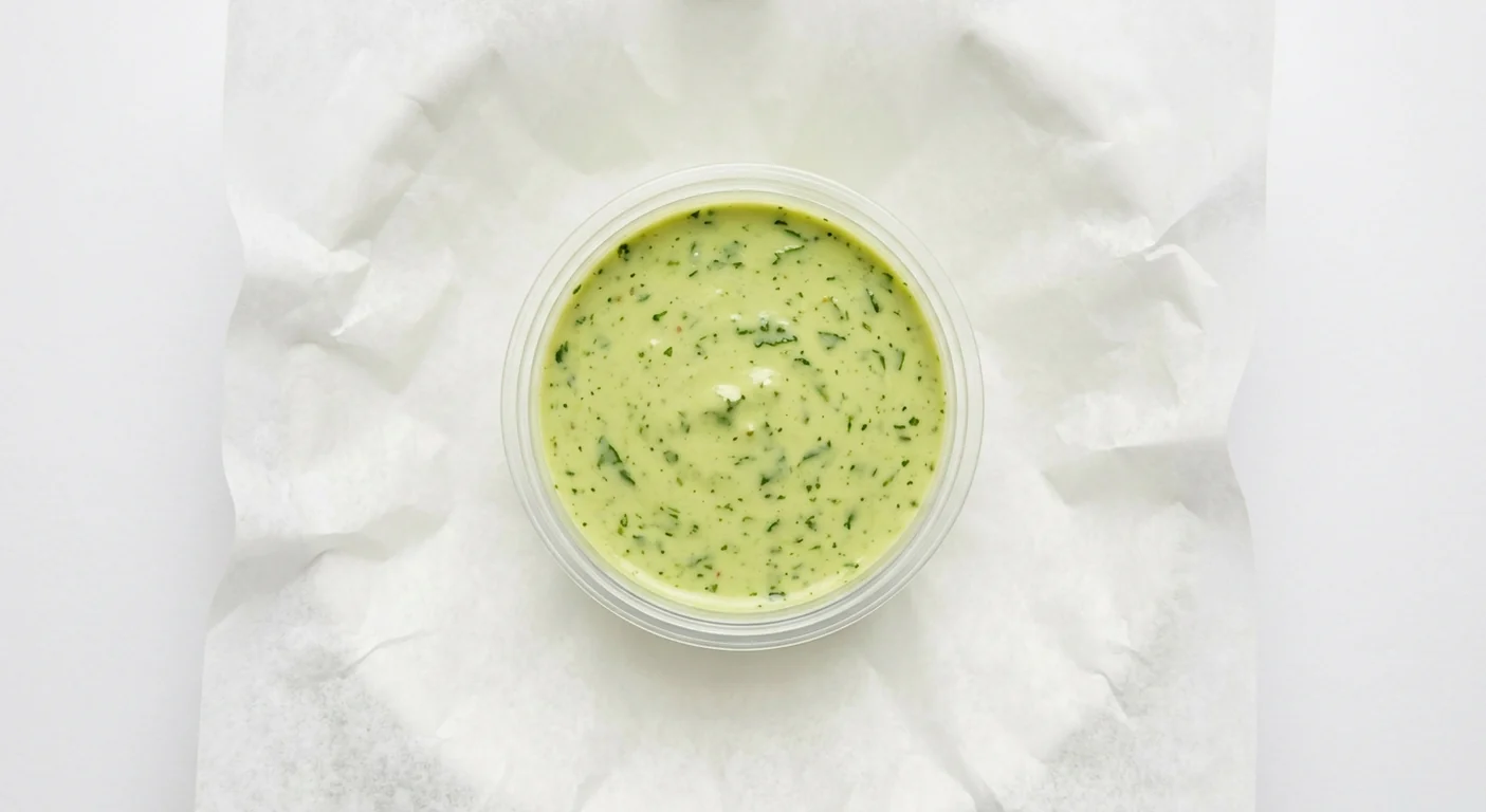 LEON Aji Verde Sauce Pot, creamy green aji verde sauce in a clear pot on white paper, nutrition and calories
