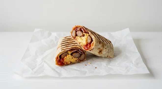 Costa All Day Breakfast Wrap, grilled tortilla wrap filled with sausage, scrambled egg and bacon, cut in half, nutrition and calories