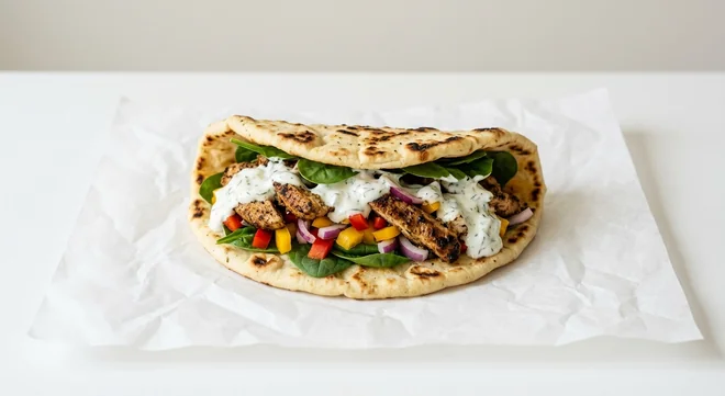 Costa Chicken Gyros Style Flatbread, folded flatbread filled with grilled chicken, spinach, peppers and garlic yoghurt sauce, nutrition and calories