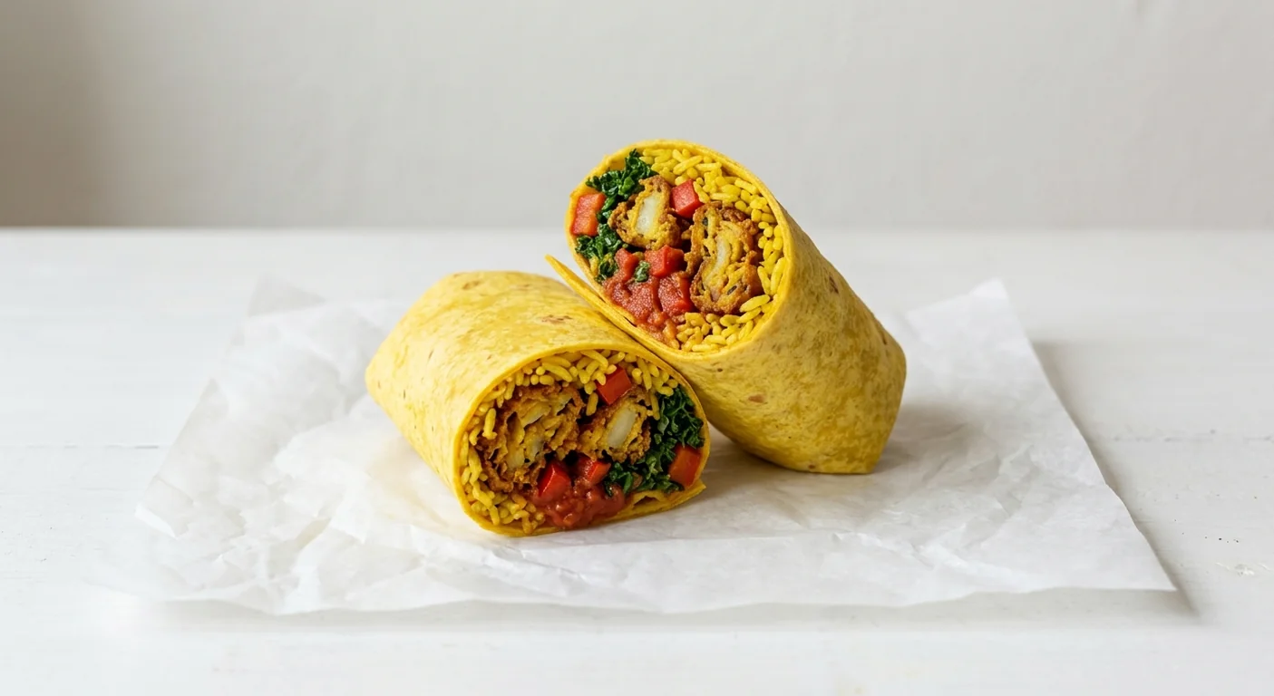 Costa Coffee Onion Bhaji Wrap, yellow tortilla wrap filled with spiced rice, onion bhaji, peppers and kale, cut in half, nutrition and calories
