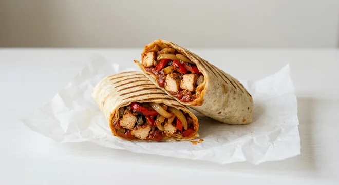 Costa Chicken Fajita Wrap, grilled tortilla wrap filled with chicken and peppers in fajita sauce, cut in half, nutrition and calories