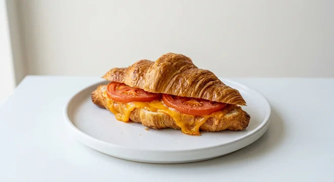 Costa Tomato & Mature Cheddar Croissant, croissant filled with sliced tomato and melted cheddar on a white plate, nutrition and calories