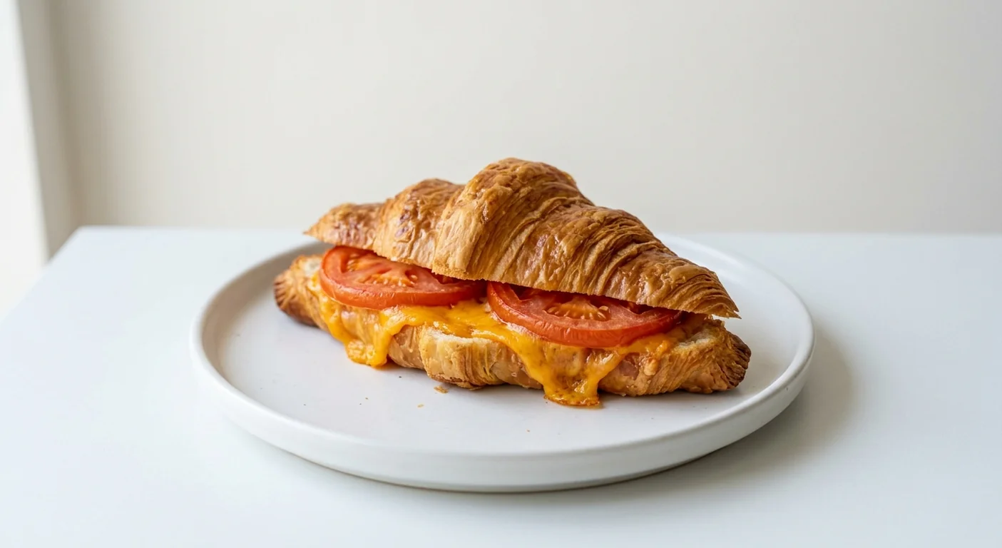 Costa Tomato & Mature Cheddar Croissant, croissant filled with sliced tomato and melted cheddar on a white plate, nutrition and calories