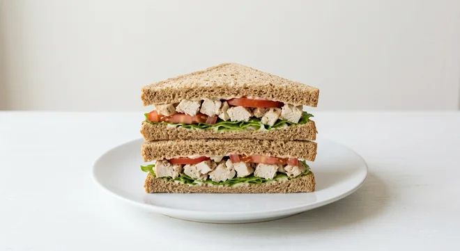 Costa Chicken Salad Sandwich, chicken salad sandwich on brown bread with lettuce and tomato, cut into triangles on a white plate, nutrition and calories