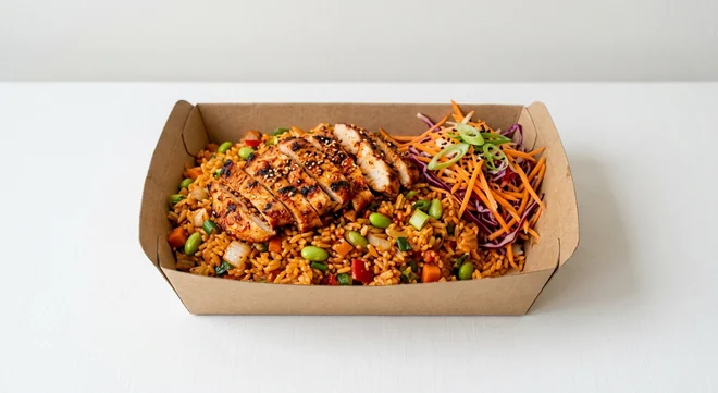 Costa Chicken & Spicy Korean Style Rice, spicy rice topped with sliced chicken and carrot and red cabbage slaw in a kraft food tray, nutrition and calories