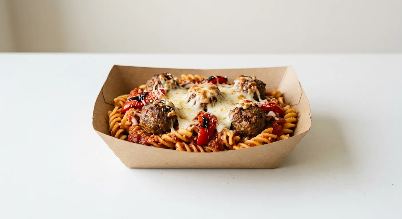 Costa Meatball Marinara Pasta, fusilli pasta in marinara sauce with meatballs, red pepper and melted cheese in a kraft food tray, nutrition and calories