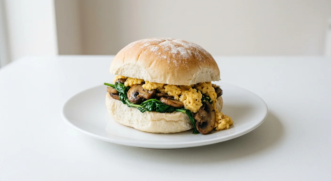 Costa Egg & Mushroom Bap, floury white bap filled with scrambled egg, mushrooms and spinach on a white plate, nutrition and calories