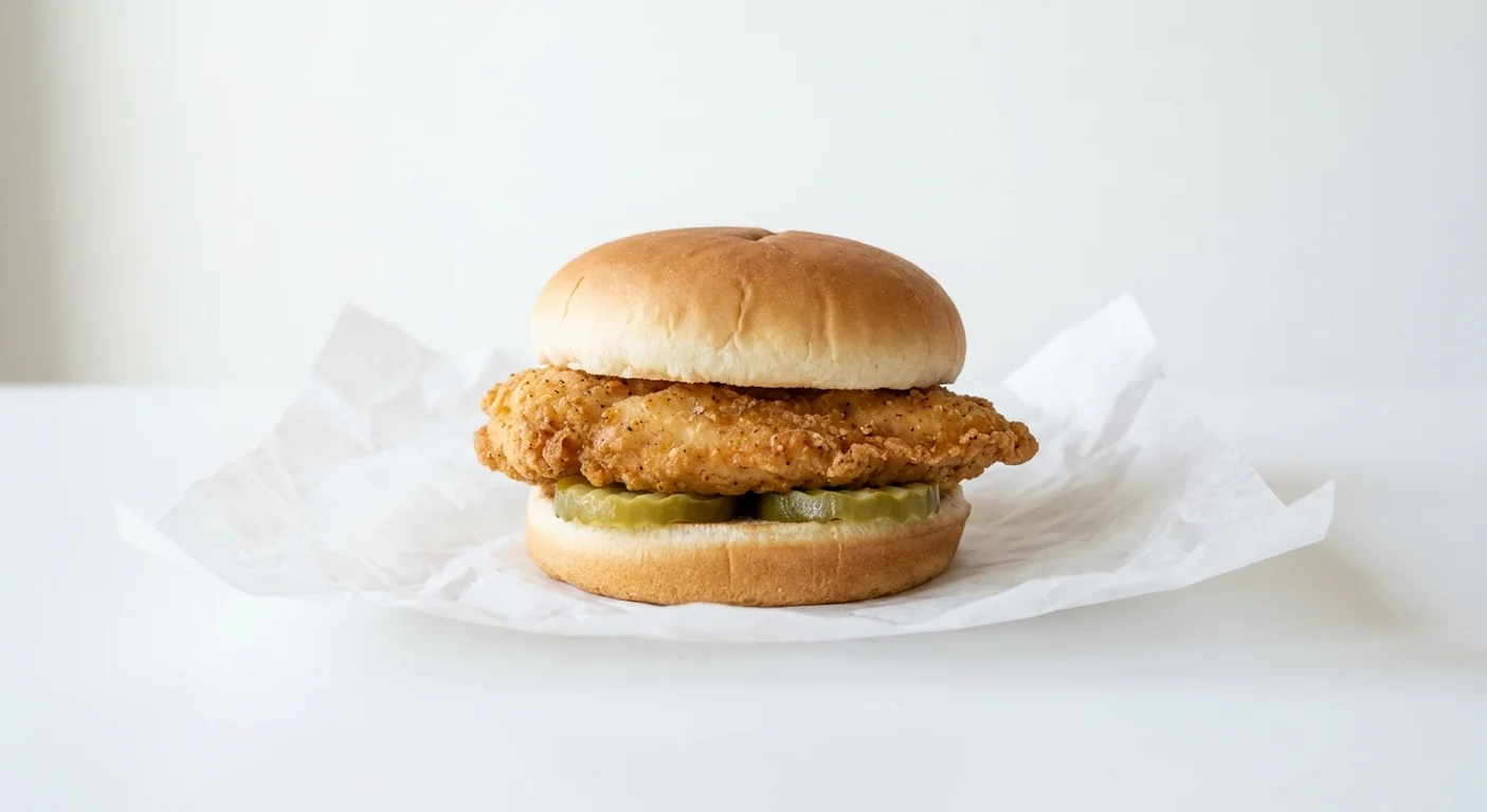 Chick-fil-A Chicken Sandwich, hand-breaded chicken breast fillet with two dill pickle slices in a toasted buttered bun on white paper, nutrition and calories