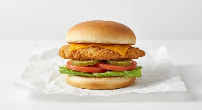 Chick-fil-A Deluxe Sandwich, hand-breaded chicken breast with melted cheddar, dill pickles, lettuce and tomato in a toasted bun on white paper, nutrition and calories