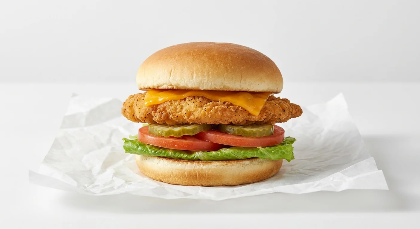 Chick-fil-A Deluxe Sandwich, hand-breaded chicken breast with melted cheddar, dill pickles, lettuce and tomato in a toasted bun on white paper, nutrition and calories