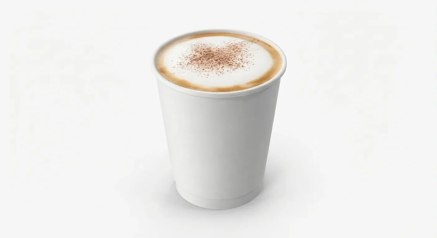 LEON Cappuccino (Skimmed Milk, Large), cappuccino dusted with chocolate in a plain white paper cup, nutrition and calories
