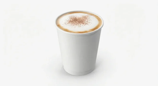 LEON Cappuccino (Soya Milk, Large), cappuccino dusted with chocolate in a plain white paper cup, nutrition and calories