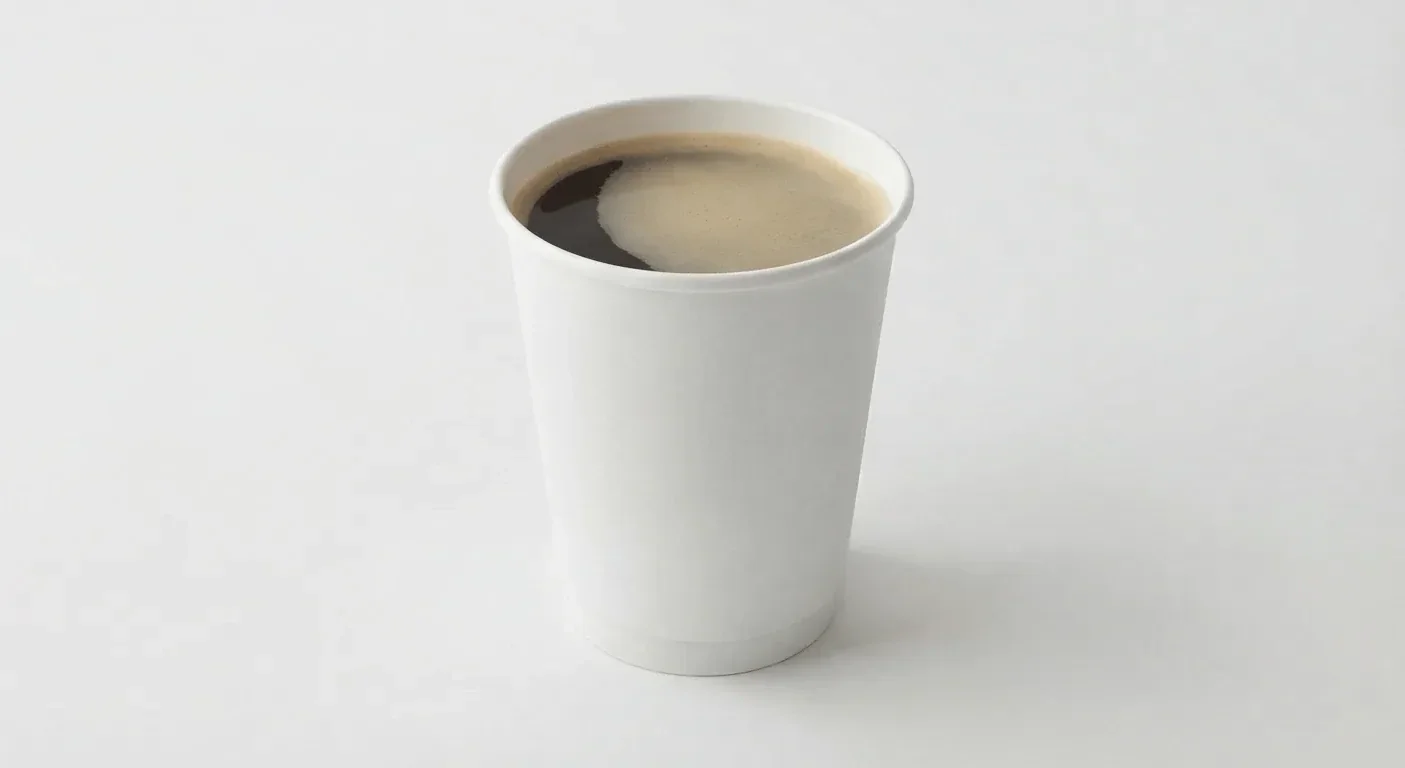 LEON Filter Coffee (Regular), black filter coffee in a plain white paper cup, nutrition and calories