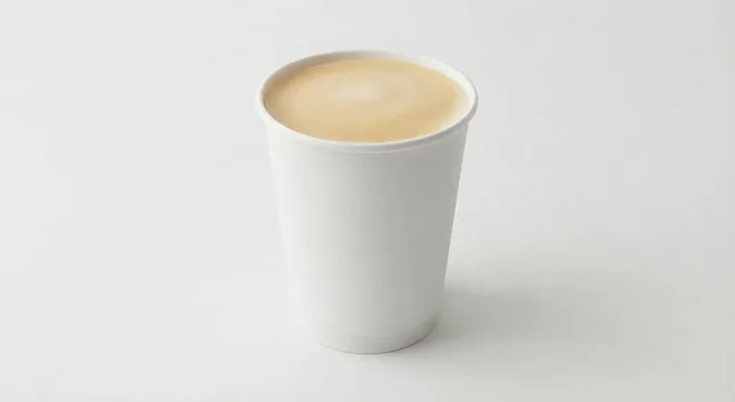 LEON Flat White (Skimmed Milk), flat white in a plain white paper cup, nutrition and calories