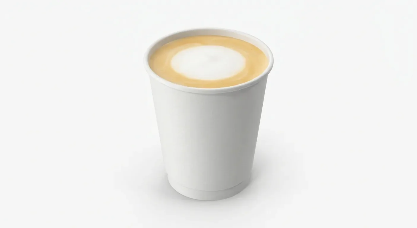 LEON Latte (Oat Milk, Large), latte with milk foam in a plain white paper cup, nutrition and calories