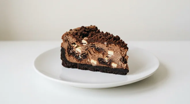 Costa Triple Chocolate Brownie Cheesecake, slice of chocolate brownie cheesecake with white chocolate chunks on a white plate, nutrition and calories