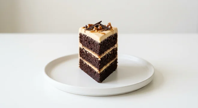 Costa Chocolate & Salted Caramel Cake, slice of layered chocolate sponge cake with salted caramel buttercream on a white plate, nutrition and calories