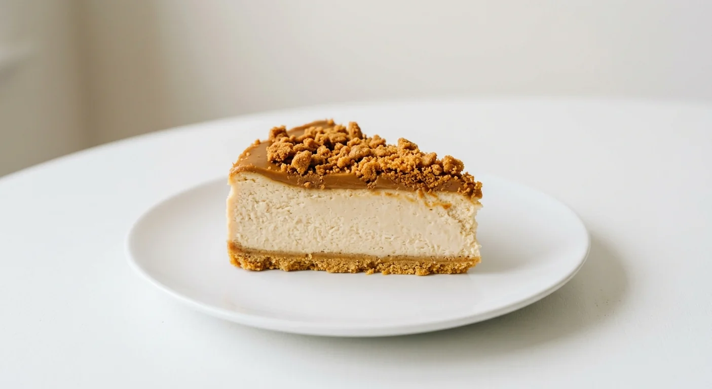 Costa Biscoff Cheezecake, slice of baked caramelised biscuit cheesecake with biscuit crumb topping on a white plate, nutrition and calories