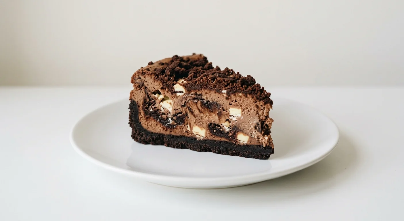 Costa Triple Chocolate Brownie Cheesecake, slice of chocolate brownie cheesecake with white chocolate chunks on a white plate, nutrition and calories