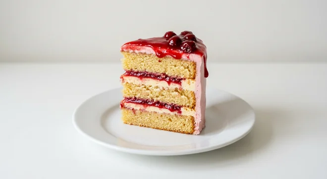 Costa Morello Cherry & Vanilla Cake, slice of vanilla sponge cake with cherry jam layers and cherry compote topping on a white plate, nutrition and calories