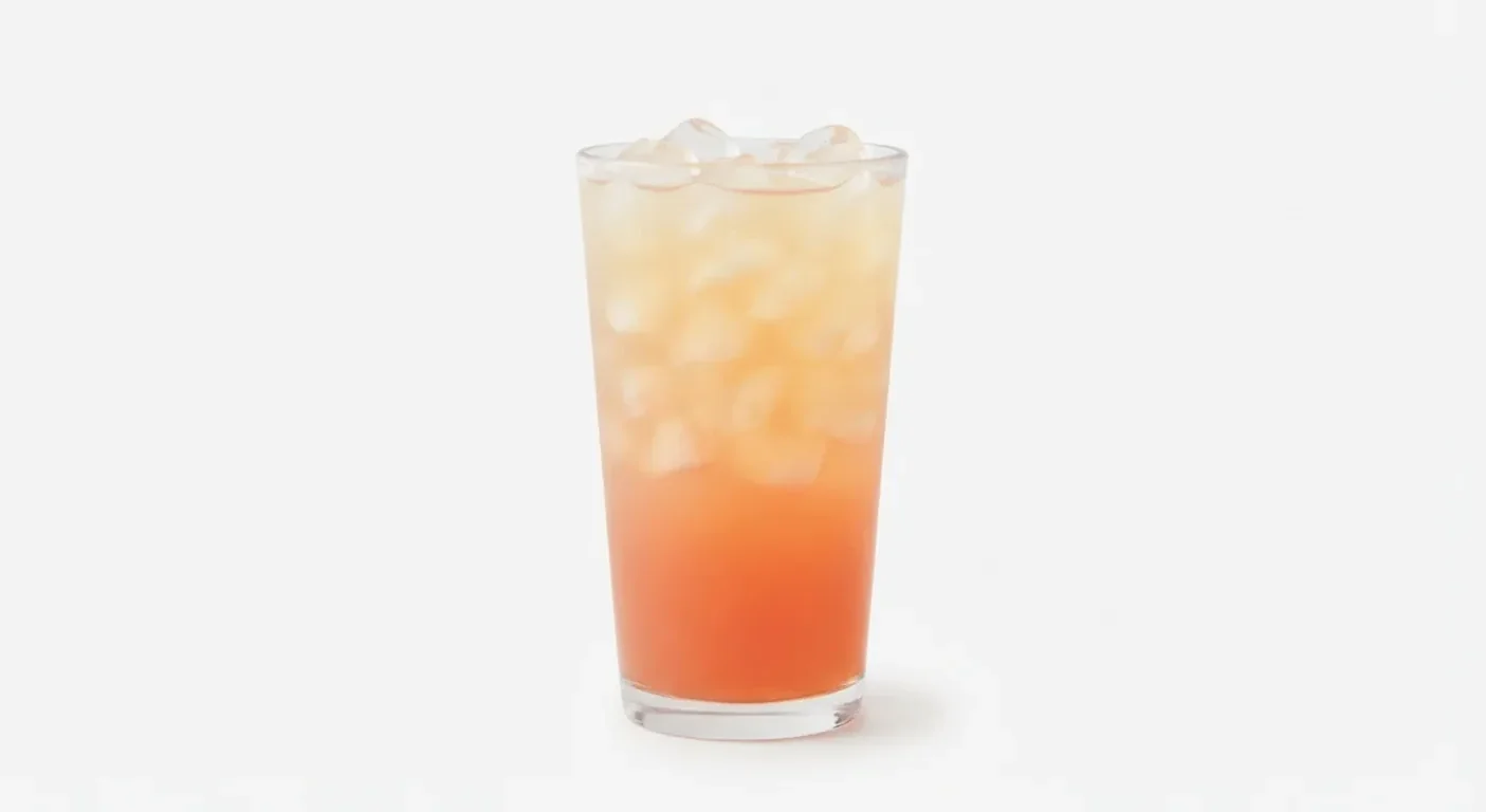 LEON Crisp Peach Cooler (Regular), peach cooler over ice in a tall clear glass, nutrition and calories