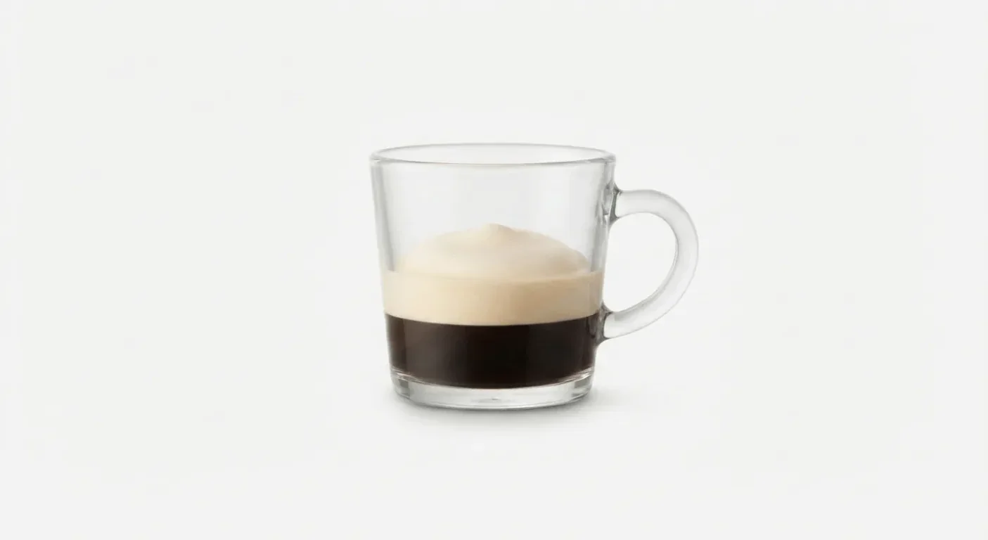 LEON Espresso Macchiato (Soya Milk, Double), espresso marked with milk foam in a small glass cup, nutrition and calories