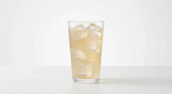 LEON Gingerella Ginger Ale (Large), cloudy ginger ale over ice in a tall glass, nutrition and calories