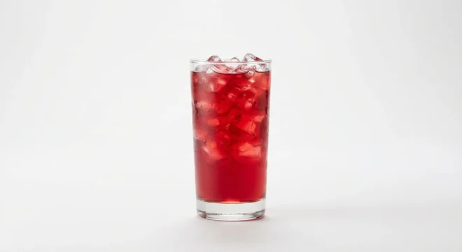 LEON Pomegranate and Raspberry Cooler (Regular), red pomegranate and raspberry cooler over ice in a tall glass, nutrition and calories