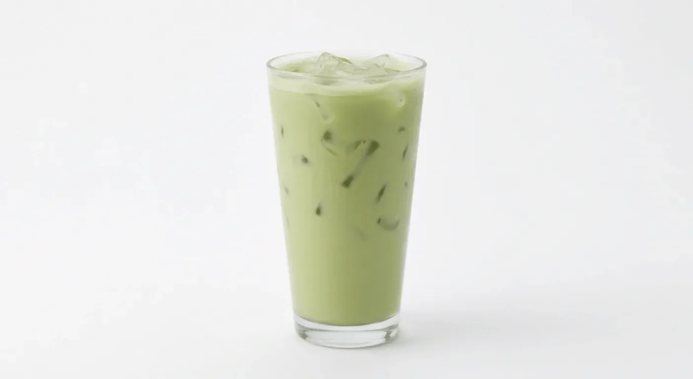 LEON Vanilla Iced Matcha Latte (Skimmed Milk, Regular), iced matcha latte over ice in a clear glass, nutrition and calories