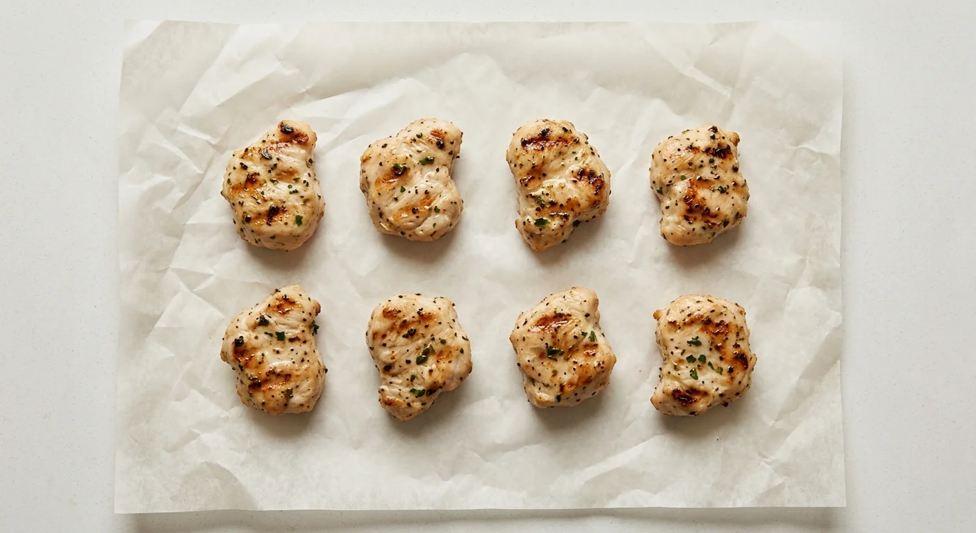 Chick-fil-A Grilled Nuggets (8 count), eight grilled chicken breast nuggets with char marks on white paper, nutrition and calories
