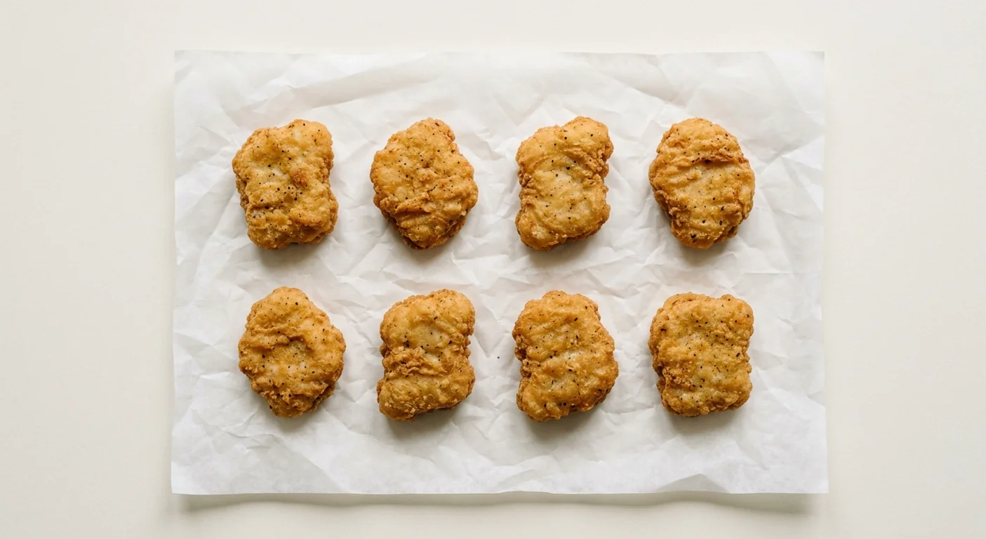 Chick-fil-A Nuggets (8 count), eight hand-breaded chicken breast nuggets on white paper, nutrition and calories