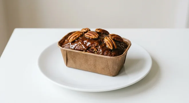 Costa Sticky Pecan Mini Loaf, mini loaf cake with toffee glaze and pecan halves in a paper case on a white plate, nutrition and calories