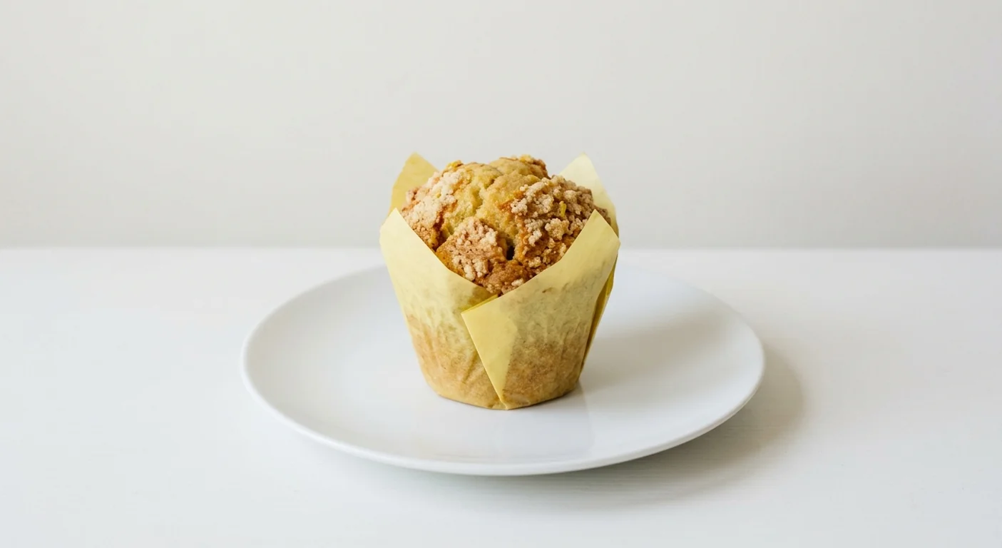 Costa Sicilian Lemon Muffin, lemon muffin with sugar crumble top in a paper case on a white plate, nutrition and calories