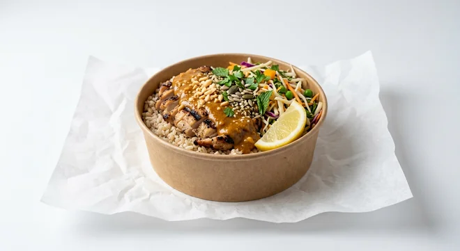 LEON Peanut Satay Chicken Large Box, chargrilled chicken, brown rice, slaw and peanut satay sauce in a kraft bowl on white paper, nutrition and calories