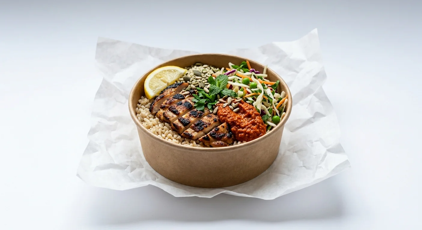 LEON Chantal's Romesco Chicken Large Box, chargrilled chicken, brown rice, slaw and red romesco sauce in a kraft bowl on white paper, nutrition and calories