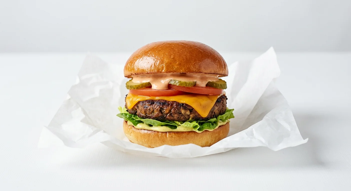 LEON LOVe Burger, plant-based mushroom patty burger with vegan cheese, tomato, gherkins and burger sauce in a sourdough bun on white paper, nutrition and calories