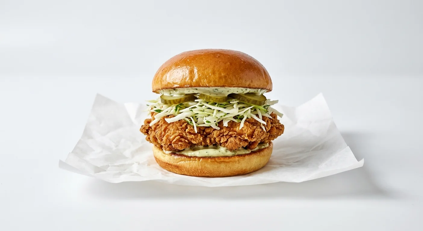 LEON Aji Verde Crispy Chicken Burger, crispy chicken thigh burger with fennel slaw, gherkins and green aji verde sauce in a sourdough bun on white paper, nutrition and calories