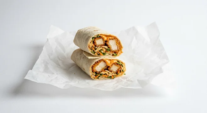 LEON Crunchy Korean Chicken Wrap, crispy chicken pieces with kimchi slaw and Korean mayo wrap cut in half on white paper, nutrition and calories