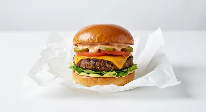 LEON LOVe Burger, plant-based mushroom patty burger with vegan cheese, tomato, gherkins and burger sauce in a sourdough bun on white paper, nutrition and calories